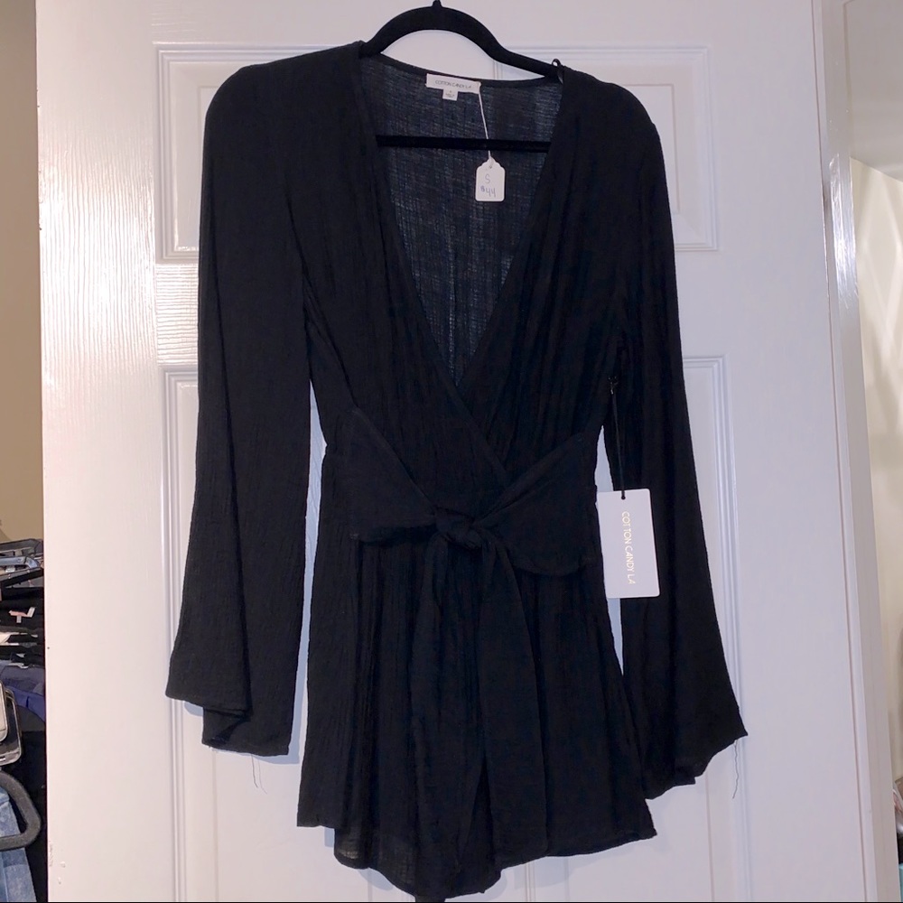 Cotton Candy Black Bell Sleeve Tie Wast Romper